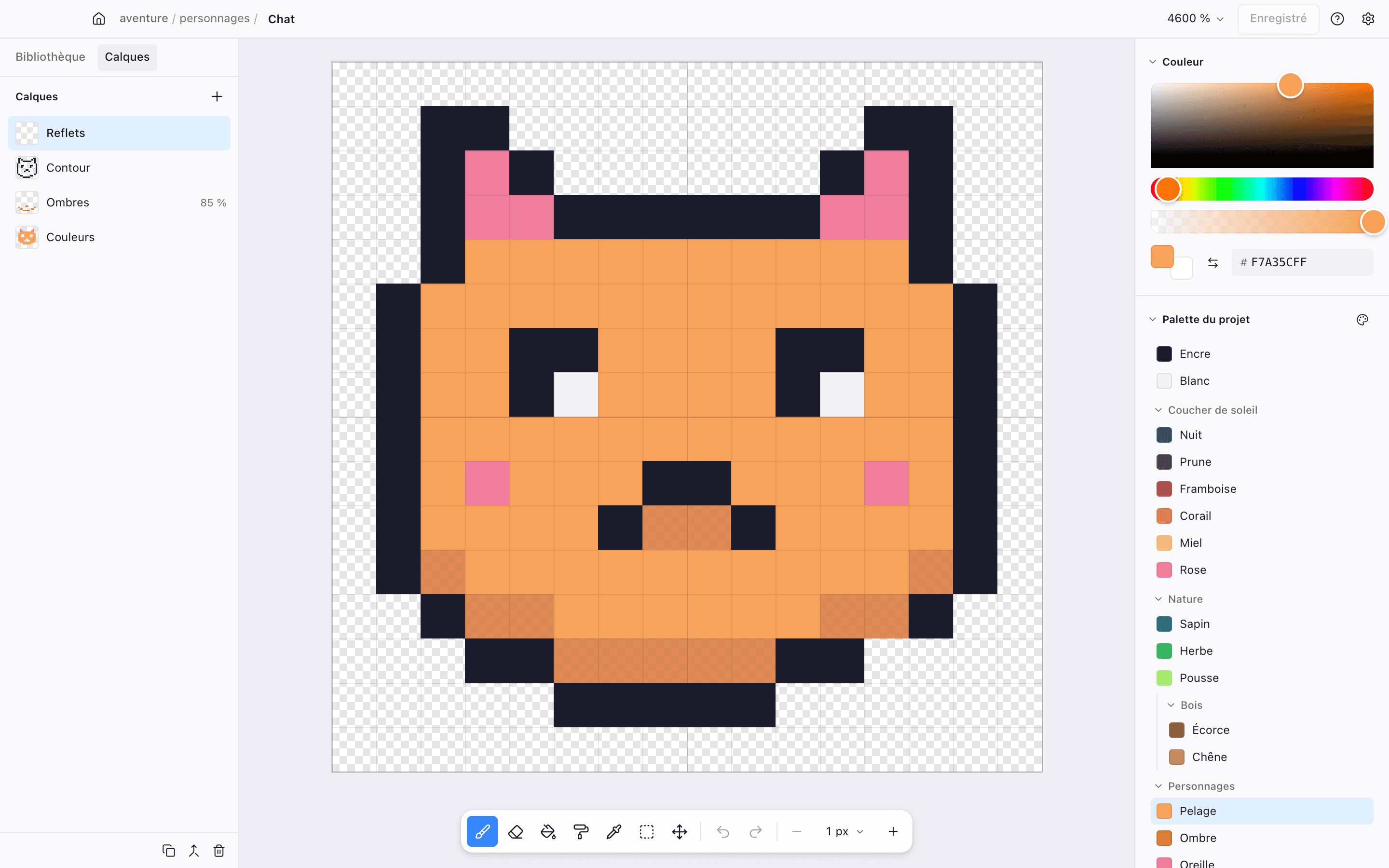 Un chat en pixel art de 16 × 16 pixels, avec la grille de pixels affichée.