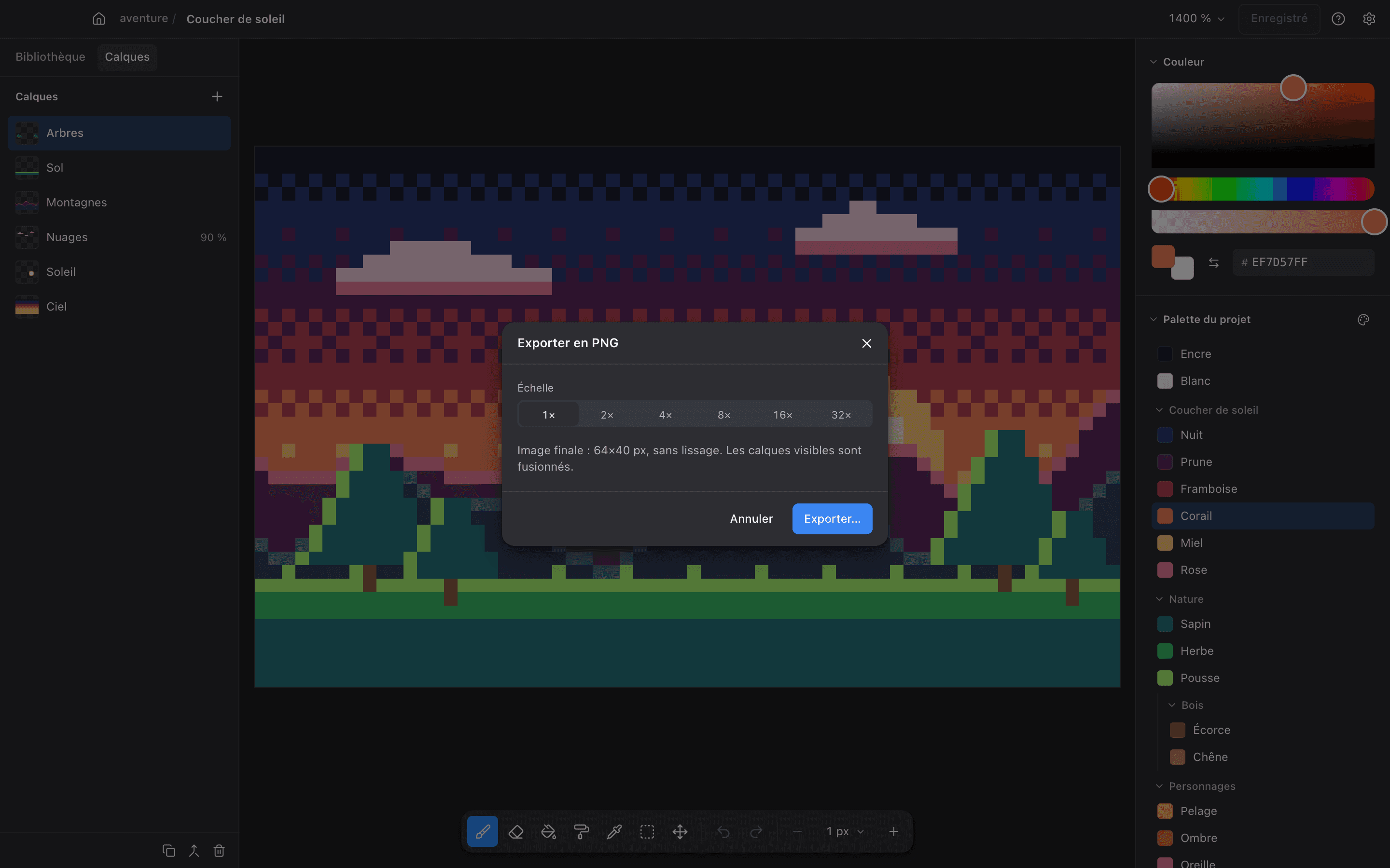 Le dialogue d'export en PNG, avec le choix de l'échelle.