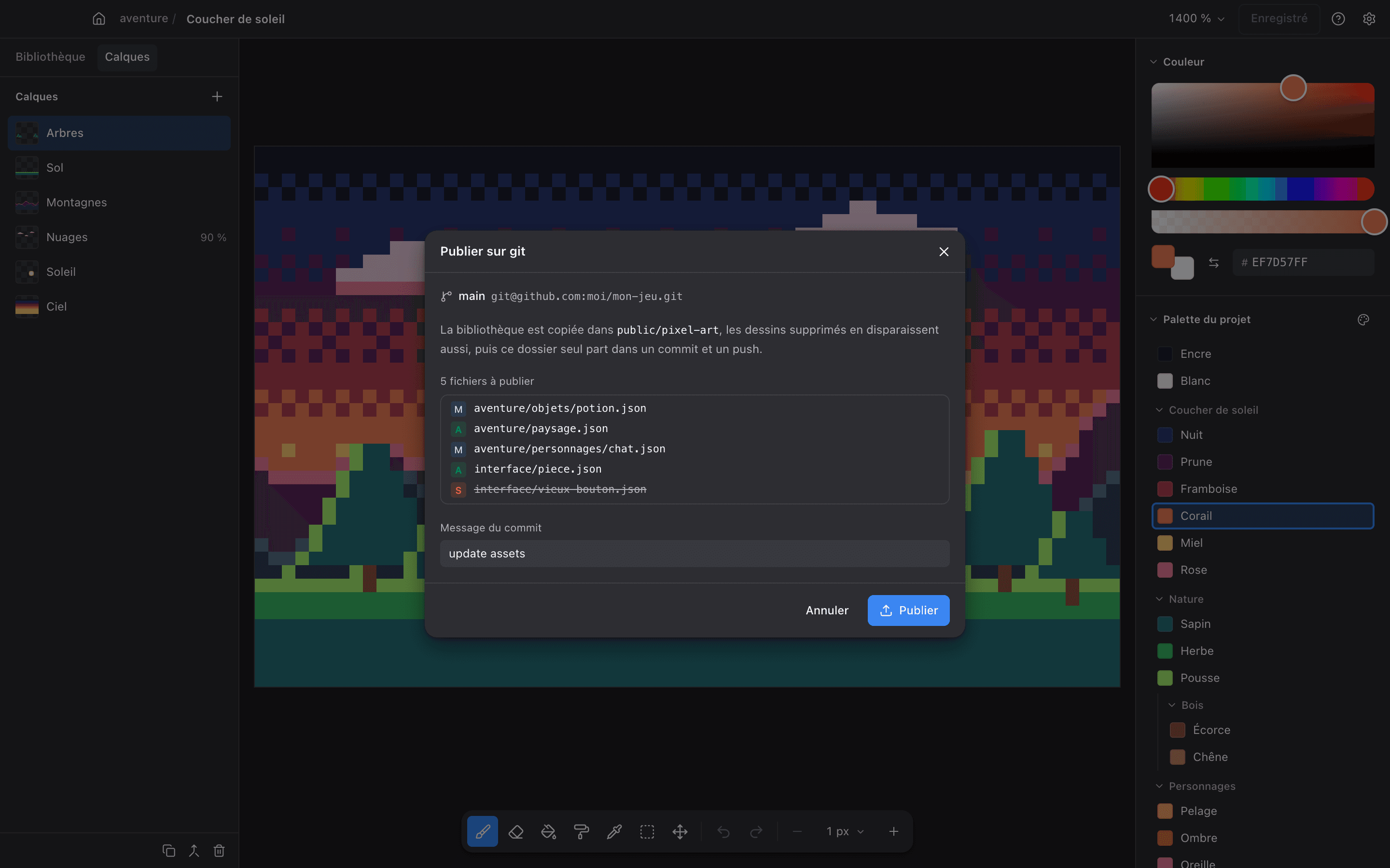 Le dialogue Publier sur git : cinq fichiers à publier et le message du commit.