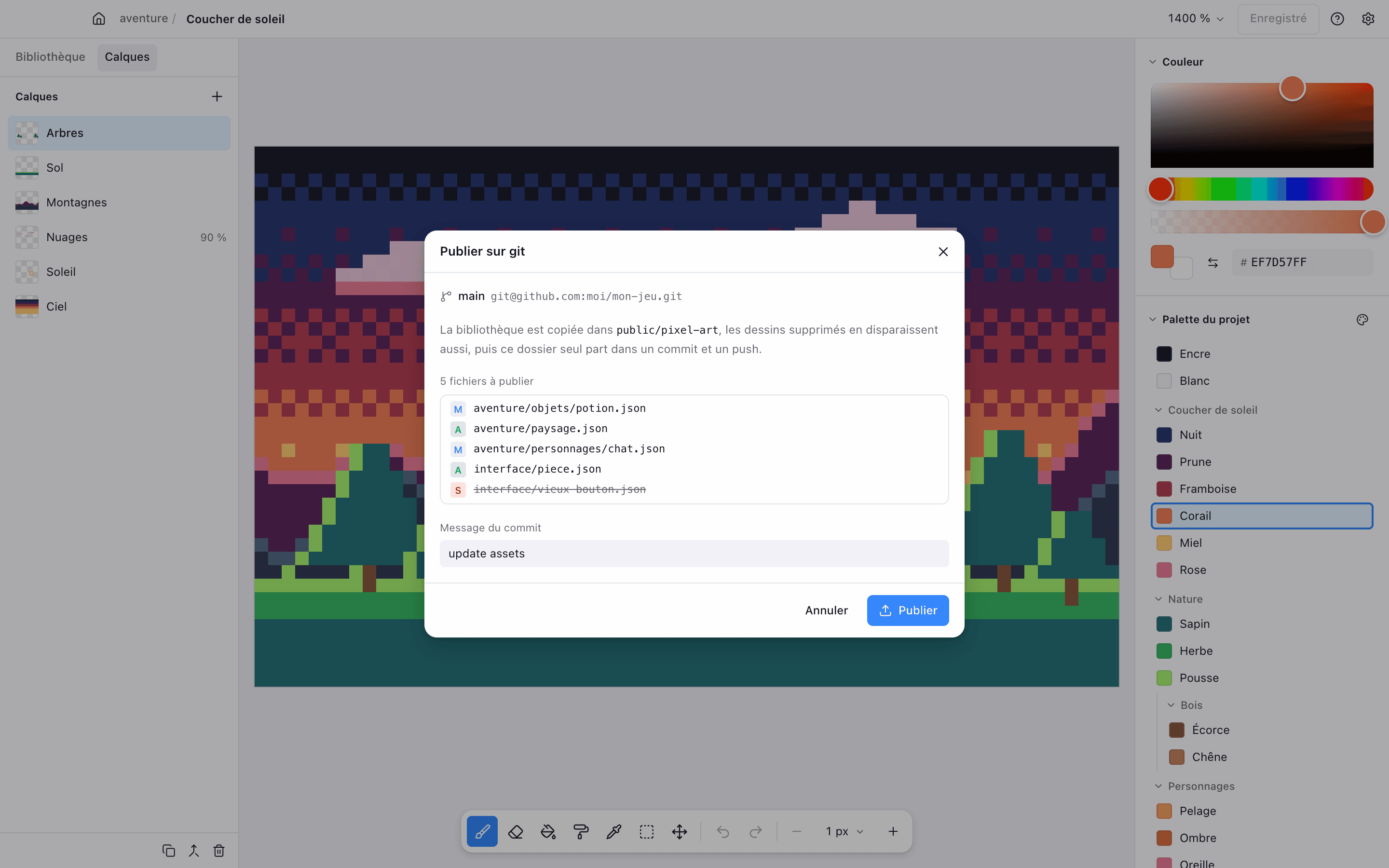 Le dialogue Publier sur git : cinq fichiers à publier et le message du commit.